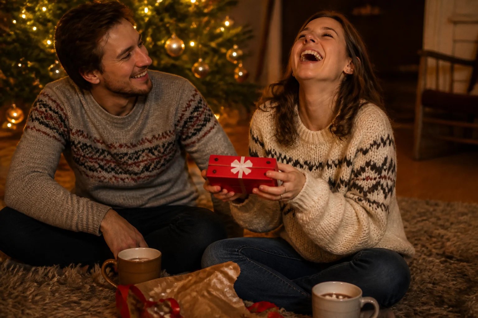 Een stel onder de kerstboom. Zij houdt de rode Twelve Turns cadeaudoos vast en lacht hardop.